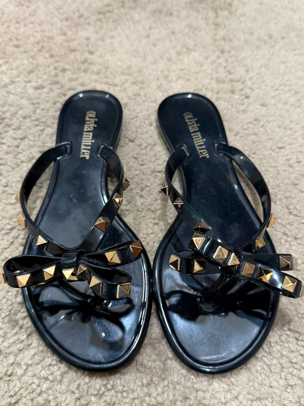 Olivia Miller Black Jelly Bow Sandals with Gold Studs
